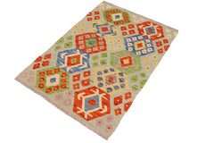 Flat Weave Kilim Antique Navaho Vintage handmade Geometric Kilim Blue Rust Hand-Woven Rectangle 100% Wool Area Rug 3x4 