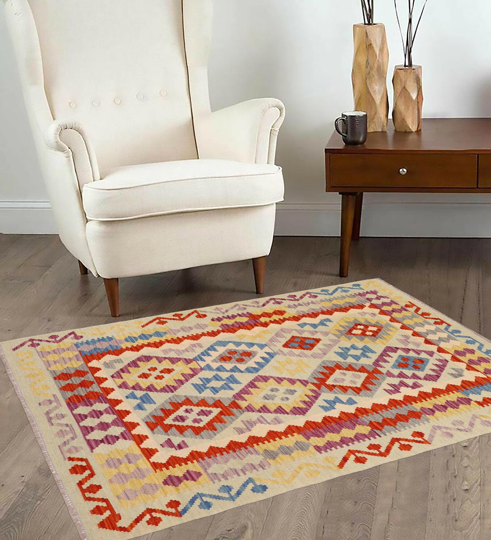 handmade Geometric Kilim Blue Rust Hand-Woven RECTANGLE 100% WOOL area rug 4 x 5