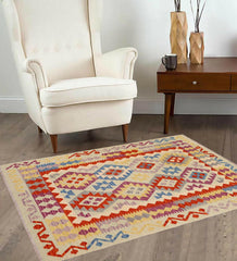 handmade Geometric Kilim Blue Rust Hand-Woven RECTANGLE 100% WOOL area rug 4 x 5