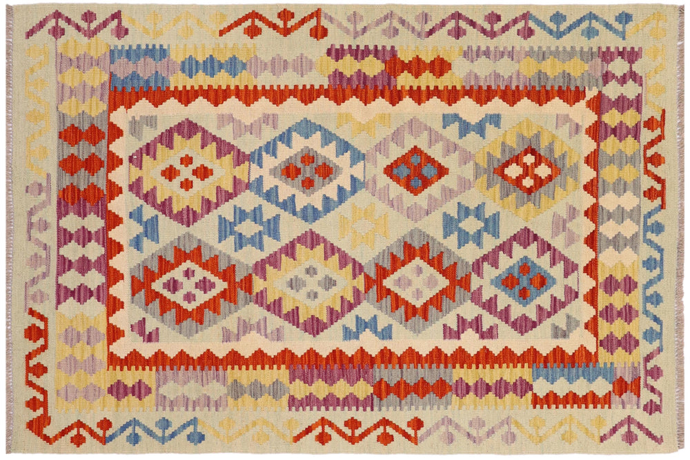 handmade Geometric Kilim Blue Rust Hand-Woven RECTANGLE 100% WOOL area rug 4 x 5
