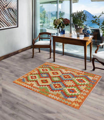 handmade Geometric Kilim Rust Blue Hand-Woven RECTANGLE 100% WOOL area rug 3 x 5