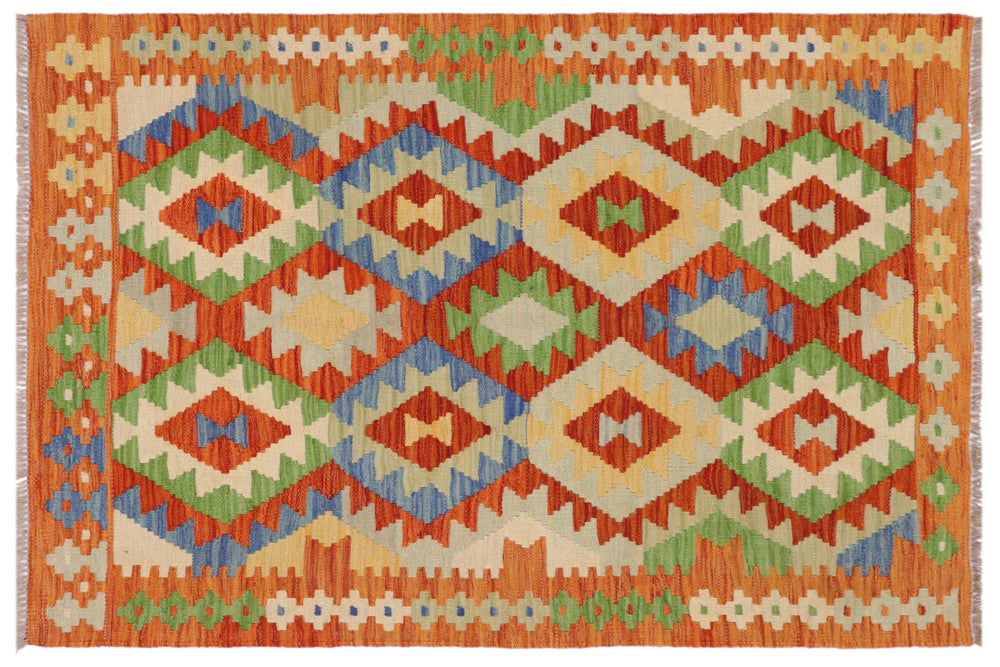 handmade Geometric Kilim Rust Blue Hand-Woven RECTANGLE 100% WOOL area rug 3 x 5
