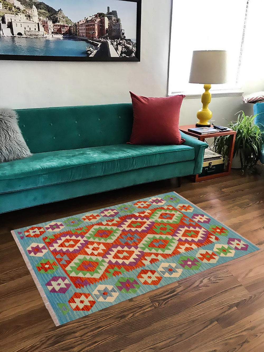 handmade Geometric Kilim Rust Blue Hand-Woven RECTANGLE 100% WOOL area rug 3 x 5