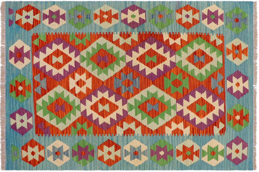handmade Geometric Kilim Rust Blue Hand-Woven RECTANGLE 100% WOOL area rug 3 x 5