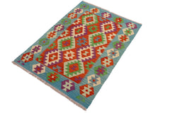 handmade Geometric Kilim Rust Blue Hand-Woven RECTANGLE 100% WOOL area rug 3 x 5