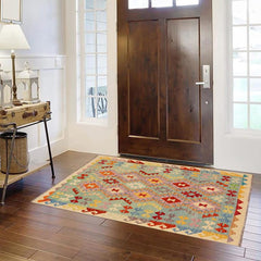 Flat Weave Kilim Antique Navaho Vintage handmade Geometric Kilim Blue Beige Hand-Woven Rectangle 100% Wool Area Rug 4x6 
