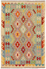 Flat Weave Kilim Antique Navaho Vintage handmade Geometric Kilim Blue Beige Hand-Woven Rectangle 100% Wool Area Rug 4x6 