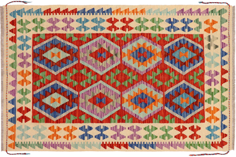 handmade Geometric Kilim Rust Beige Hand-Woven RECTANGLE 100% WOOL area rug 3 x 5