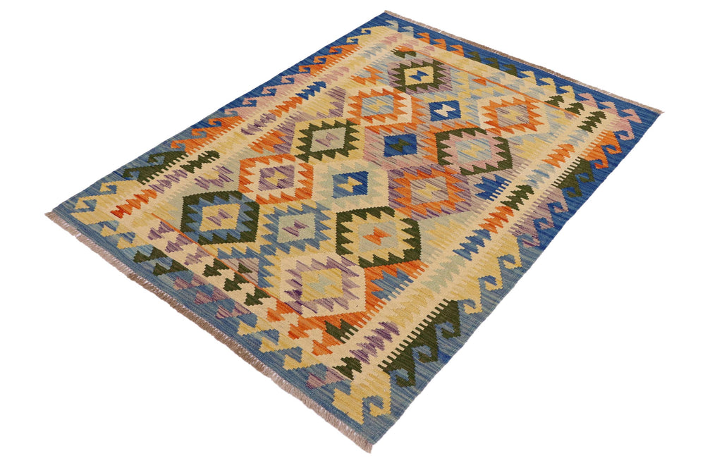 handmade Geometric Kilim Beige Blue Hand-Woven RECTANGLE 100% WOOL area rug 4 x 5
