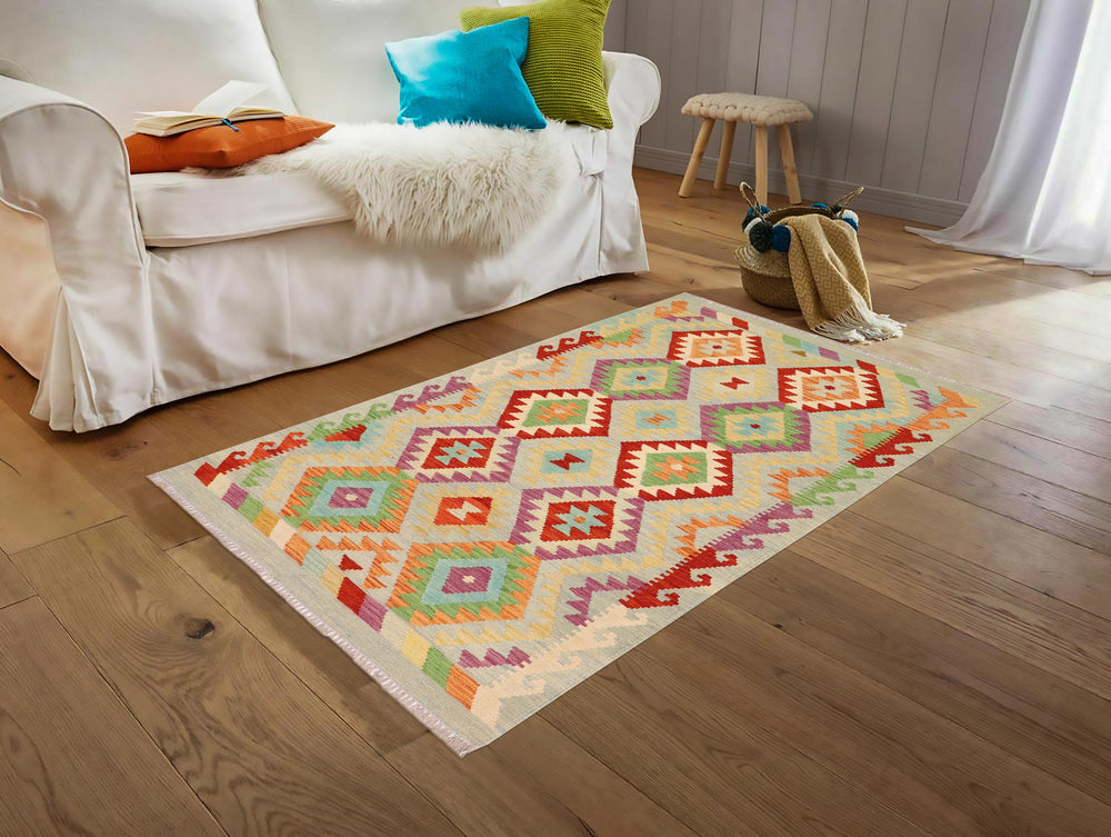 handmade Geometric Kilim Blue Rust Hand-Woven RECTANGLE 100% WOOL area rug 3 x 5
