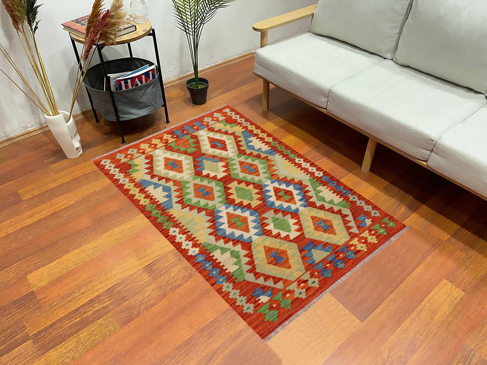 handmade Geometric Kilim Rust Blue Hand-Woven RECTANGLE 100% WOOL area rug 3 x 5