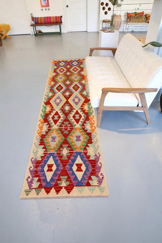 handmade Geometric Kilim Rust Beige Hand-Woven RUNNER 100% WOOL area rug 3 x 10