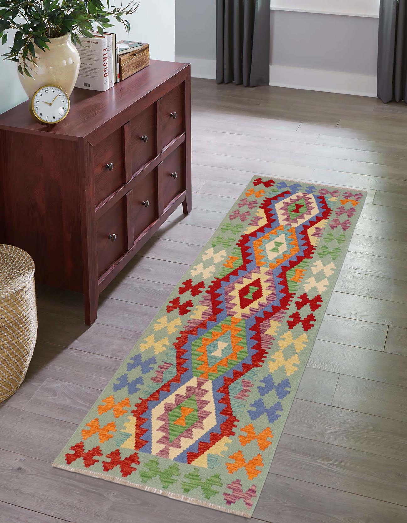 handmade Geometric Kilim Red Blue Hand-Woven RUNNER 100% WOOL area rug 3' x 6'