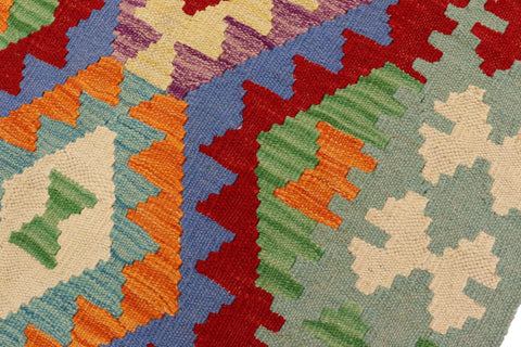 handmade Geometric Kilim Red Blue Hand-Woven RUNNER 100% WOOL area rug 3' x 6'