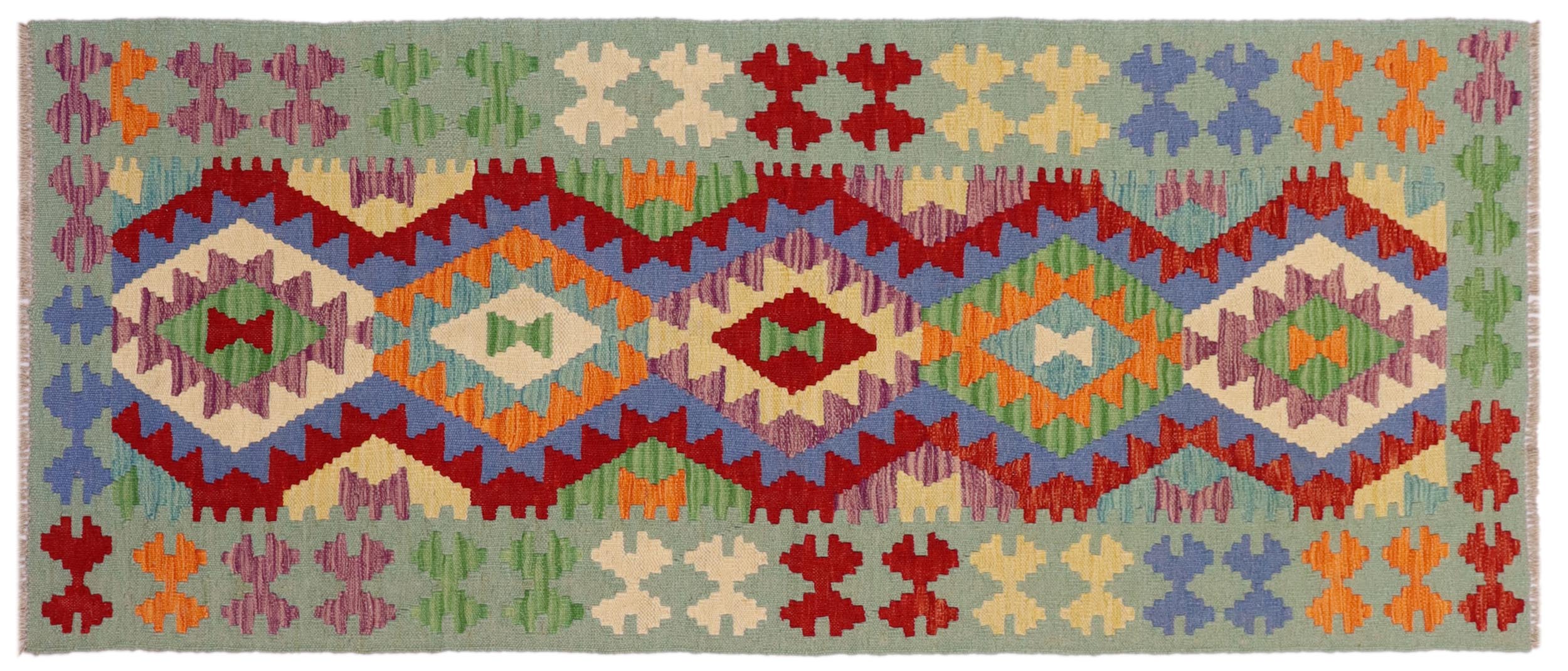 handmade Geometric Kilim Red Blue Hand-Woven RUNNER 100% WOOL area rug 3' x 6'