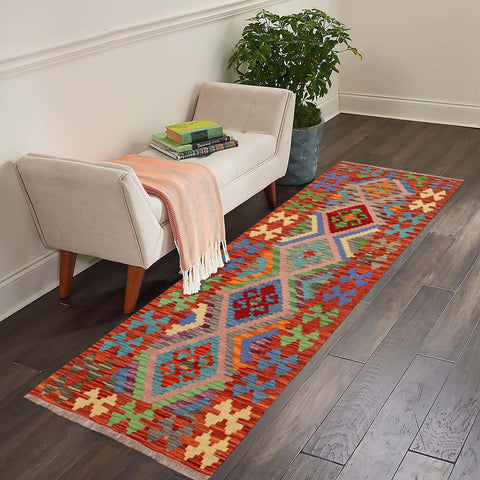 handmade Geometric Kilim Blue Rust Hand-Woven RUNNER 100% WOOL area rug 3' x 7'