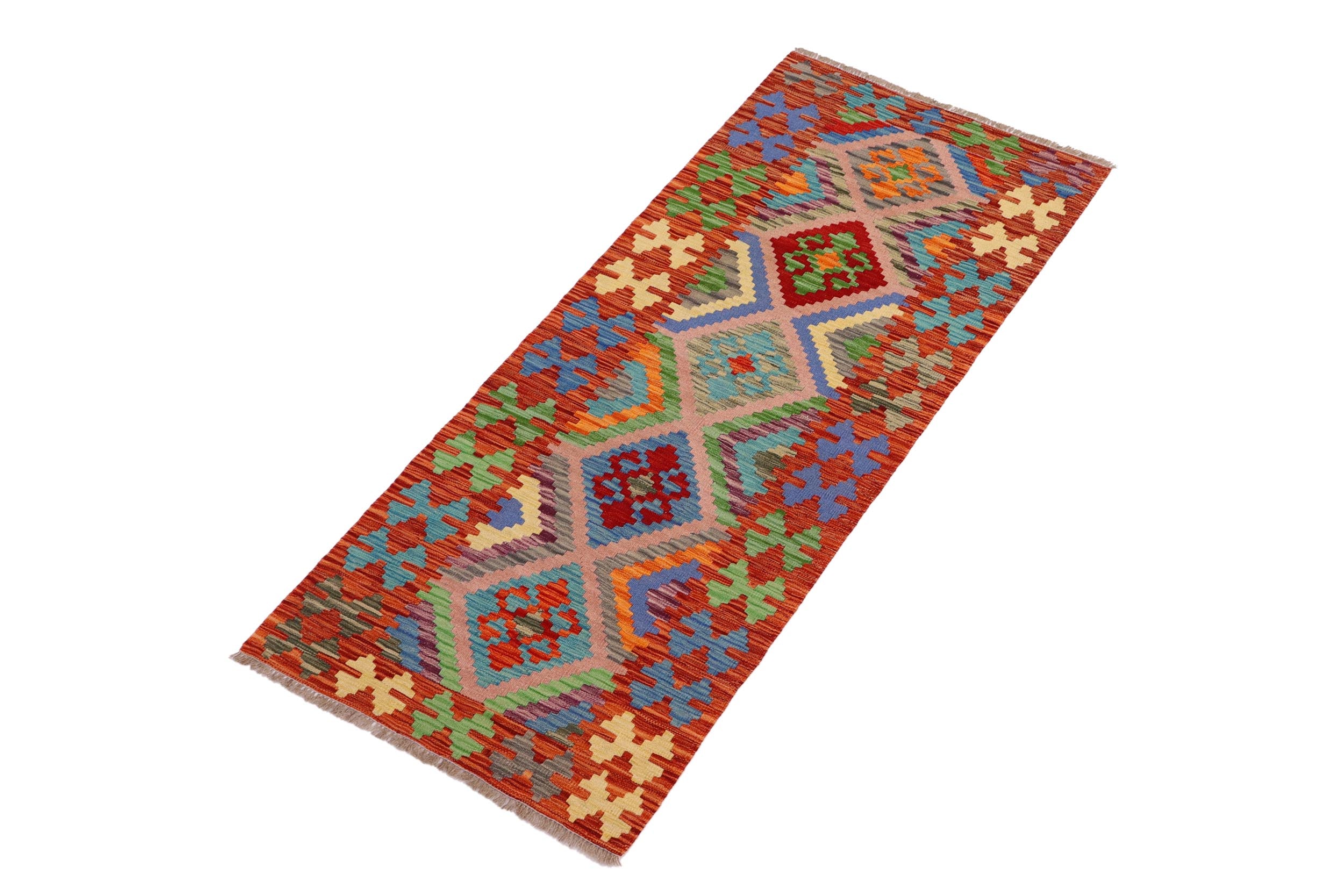 handmade Geometric Kilim Blue Rust Hand-Woven RUNNER 100% WOOL area rug 3' x 7'