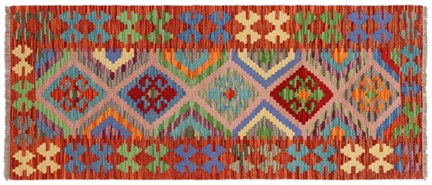 handmade Geometric Kilim Blue Rust Hand-Woven RUNNER 100% WOOL area rug 3' x 7'