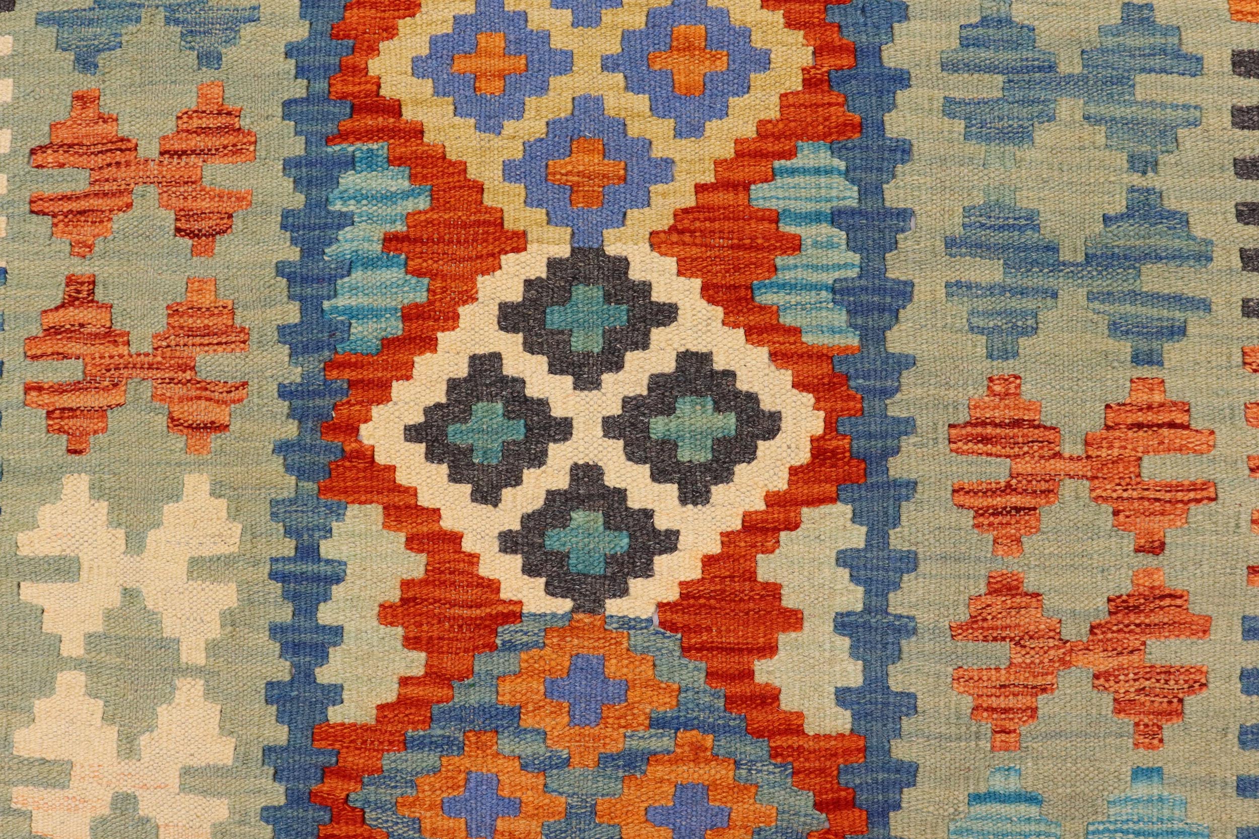 handmade Geometric Kilim Rust Blue Hand-Woven RUNNER 100% WOOL area rug 3' x 7'