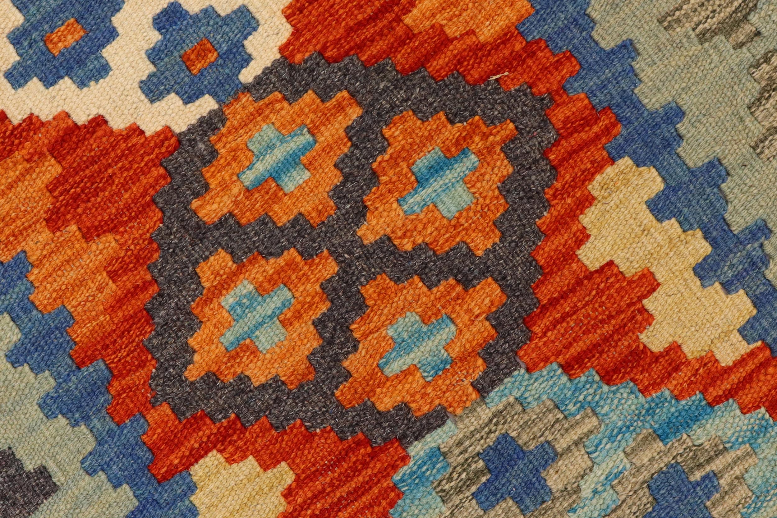 handmade Geometric Kilim Rust Blue Hand-Woven RUNNER 100% WOOL area rug 3' x 7'