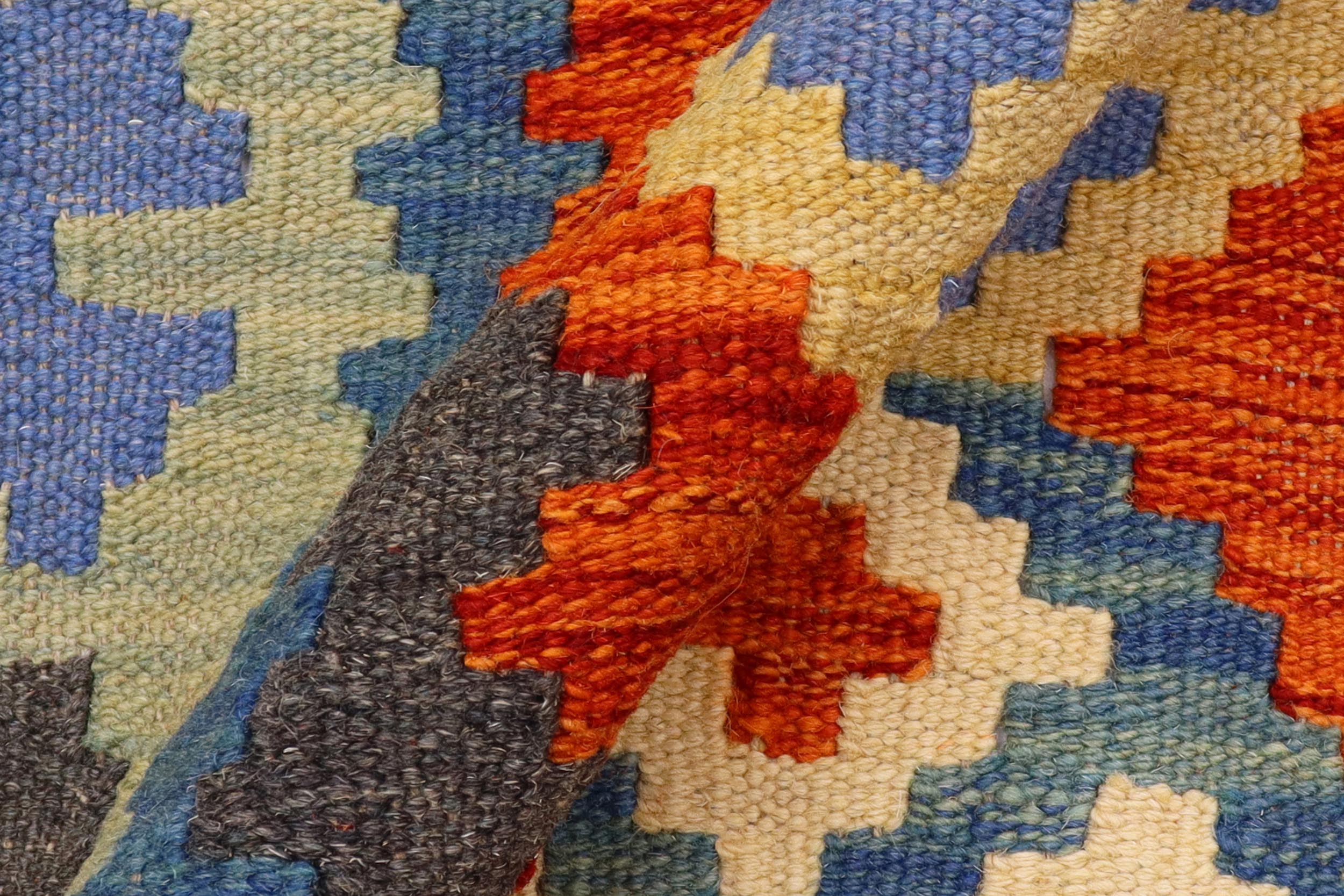 handmade Geometric Kilim Rust Blue Hand-Woven RUNNER 100% WOOL area rug 3' x 7'