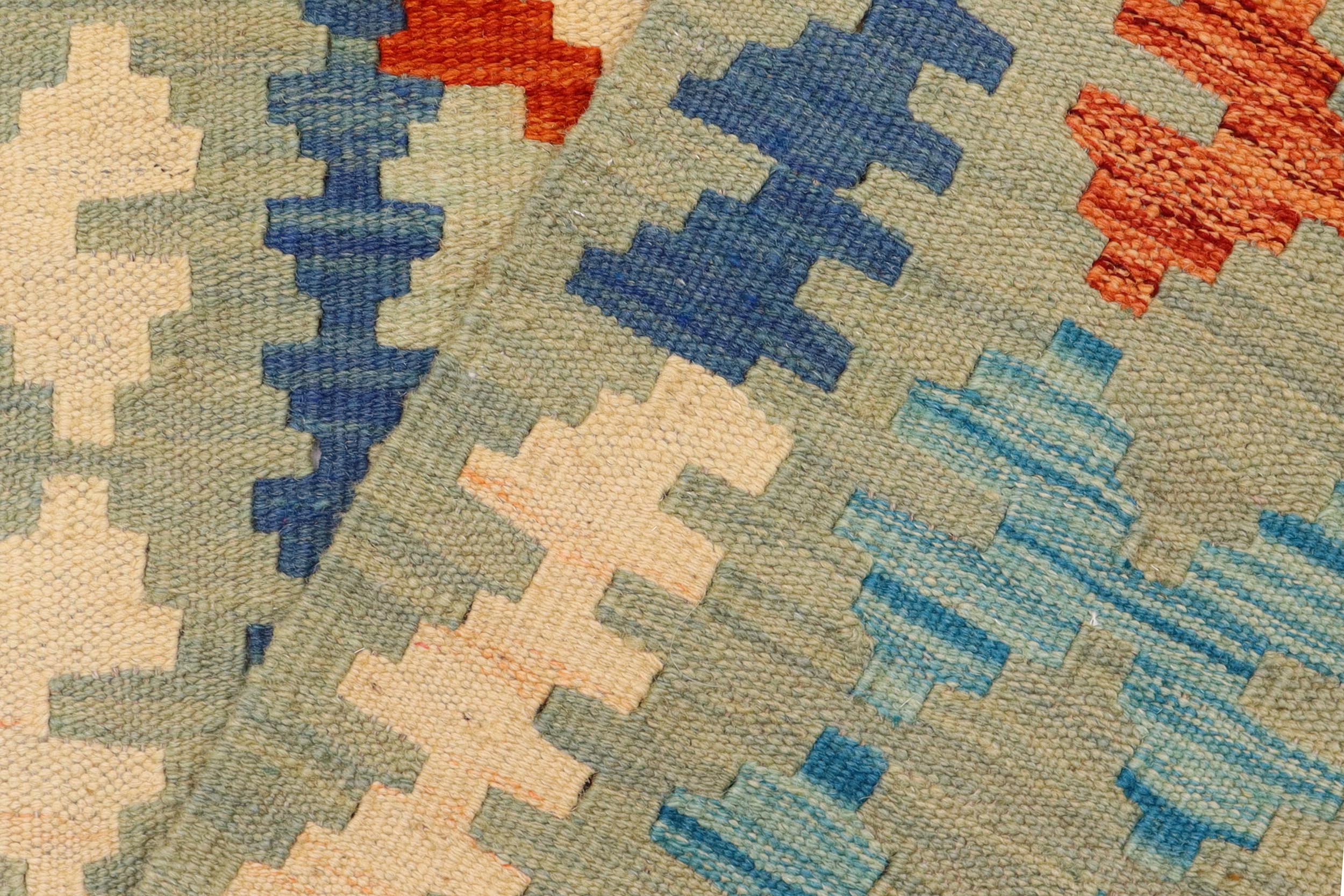 handmade Geometric Kilim Rust Blue Hand-Woven RUNNER 100% WOOL area rug 3' x 7'
