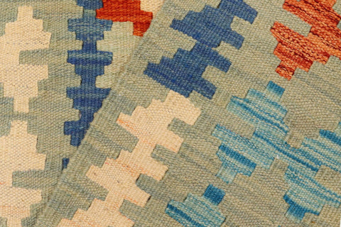 handmade Geometric Kilim Rust Blue Hand-Woven RUNNER 100% WOOL area rug 3' x 7'
