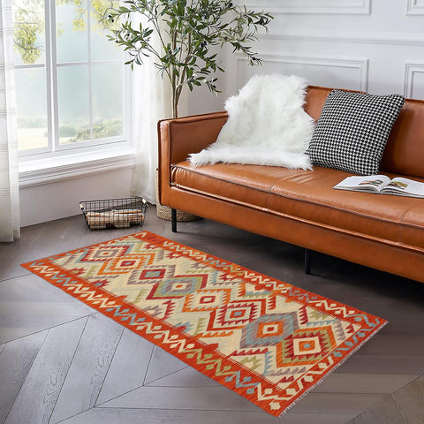 handmade Geometric Kilim Blue Rust Hand-Woven RUNNER 100% WOOL area rug 3' x 6'