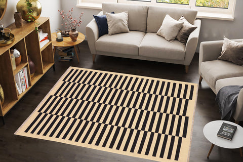 handmade Modern Kilim Beige Black Hand-Woven RECTANGLE 100% WOOL area rug 5' x 8'