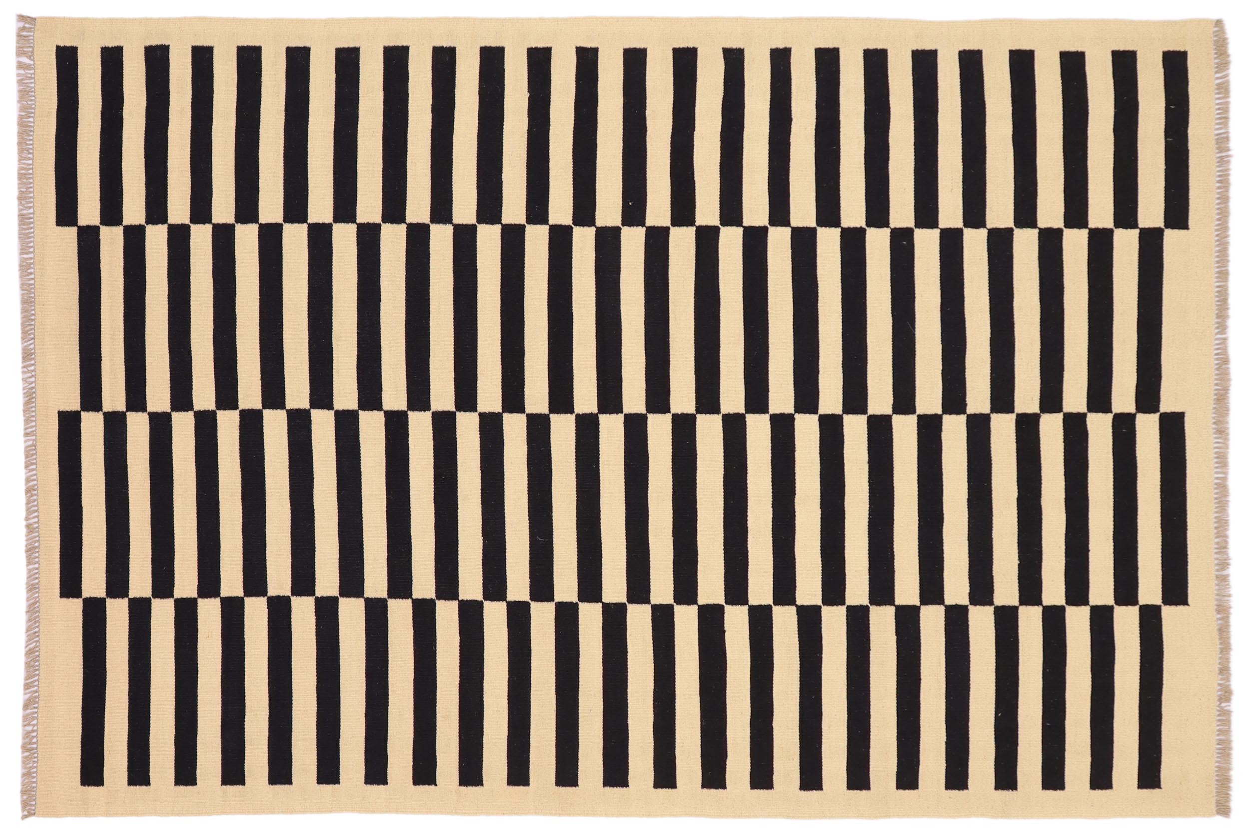 handmade Modern Kilim Beige Black Hand-Woven RECTANGLE 100% WOOL area rug 5' x 8'