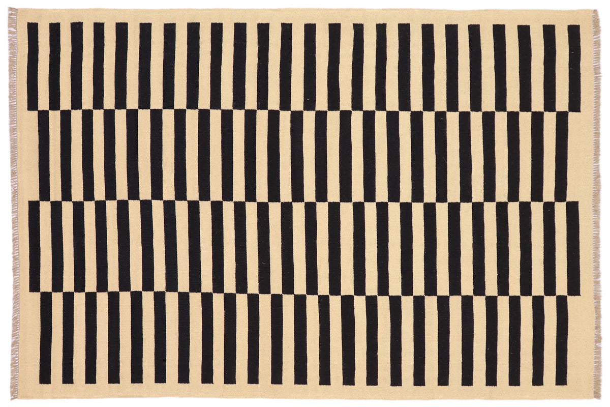 handmade Modern Kilim Beige Black Hand-Woven RECTANGLE 100% WOOL area rug 5' x 8'