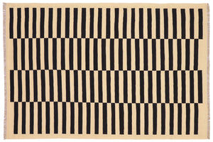 handmade Modern Kilim Beige Black Hand-Woven RECTANGLE 100% WOOL area rug 5' x 8'