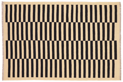 handmade Modern Kilim Beige Black Hand-Woven RECTANGLE 100% WOOL area rug 5' x 8'