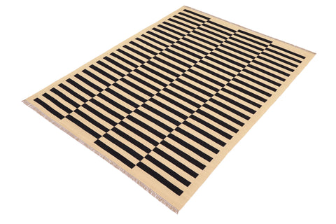 handmade Modern Kilim Beige Black Hand-Woven RECTANGLE 100% WOOL area rug 5' x 8'