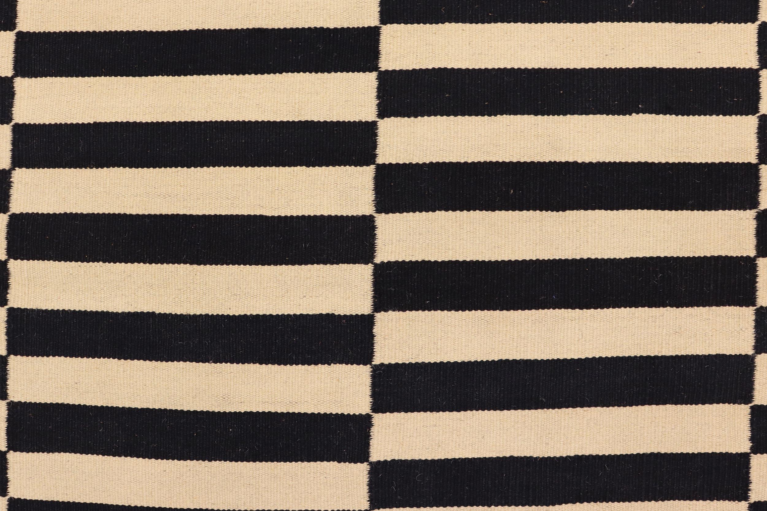 handmade Modern Kilim Beige Black Hand-Woven RECTANGLE 100% WOOL area rug 5' x 8'