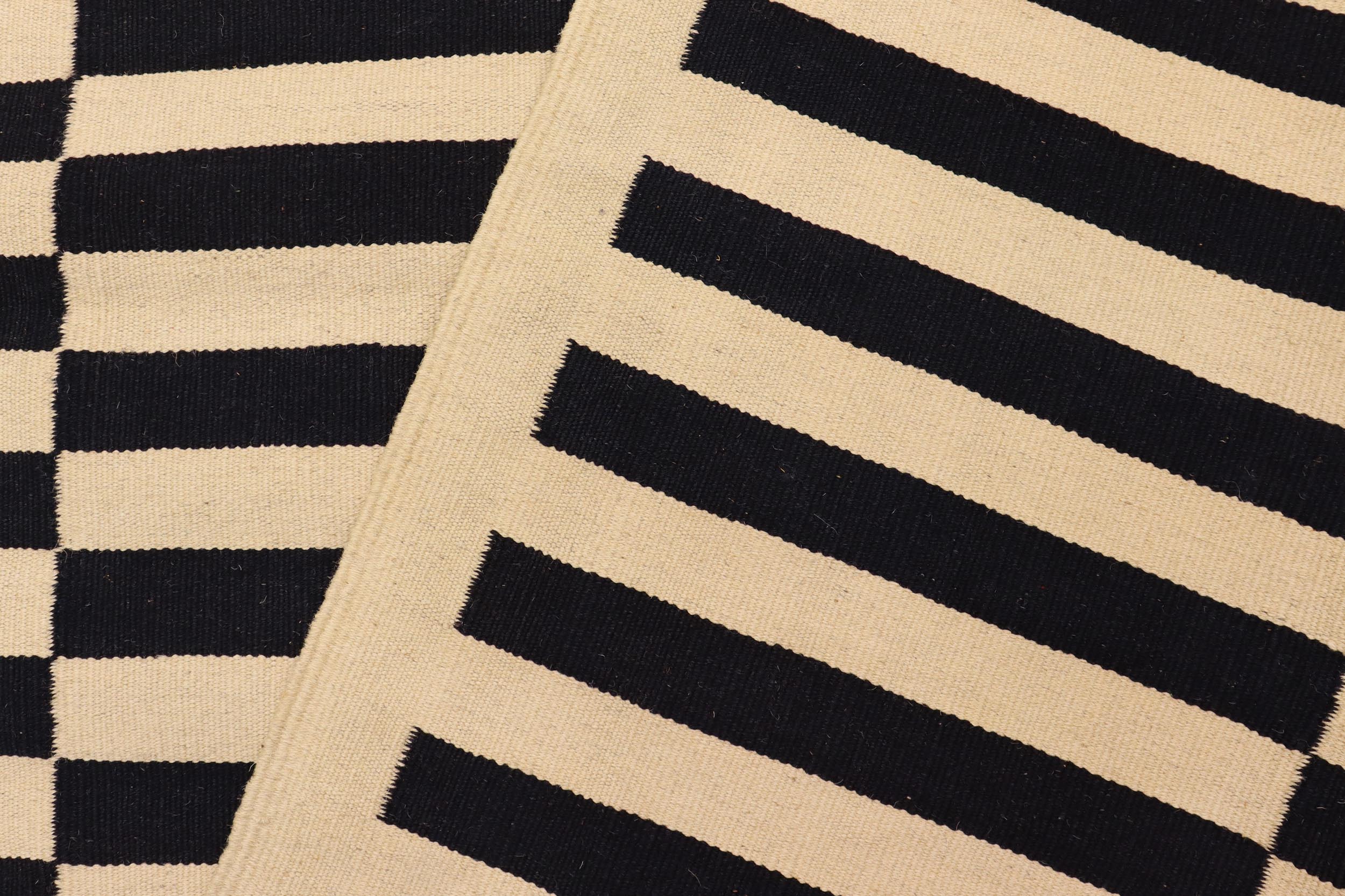 handmade Modern Kilim Beige Black Hand-Woven RECTANGLE 100% WOOL area rug 5' x 8'