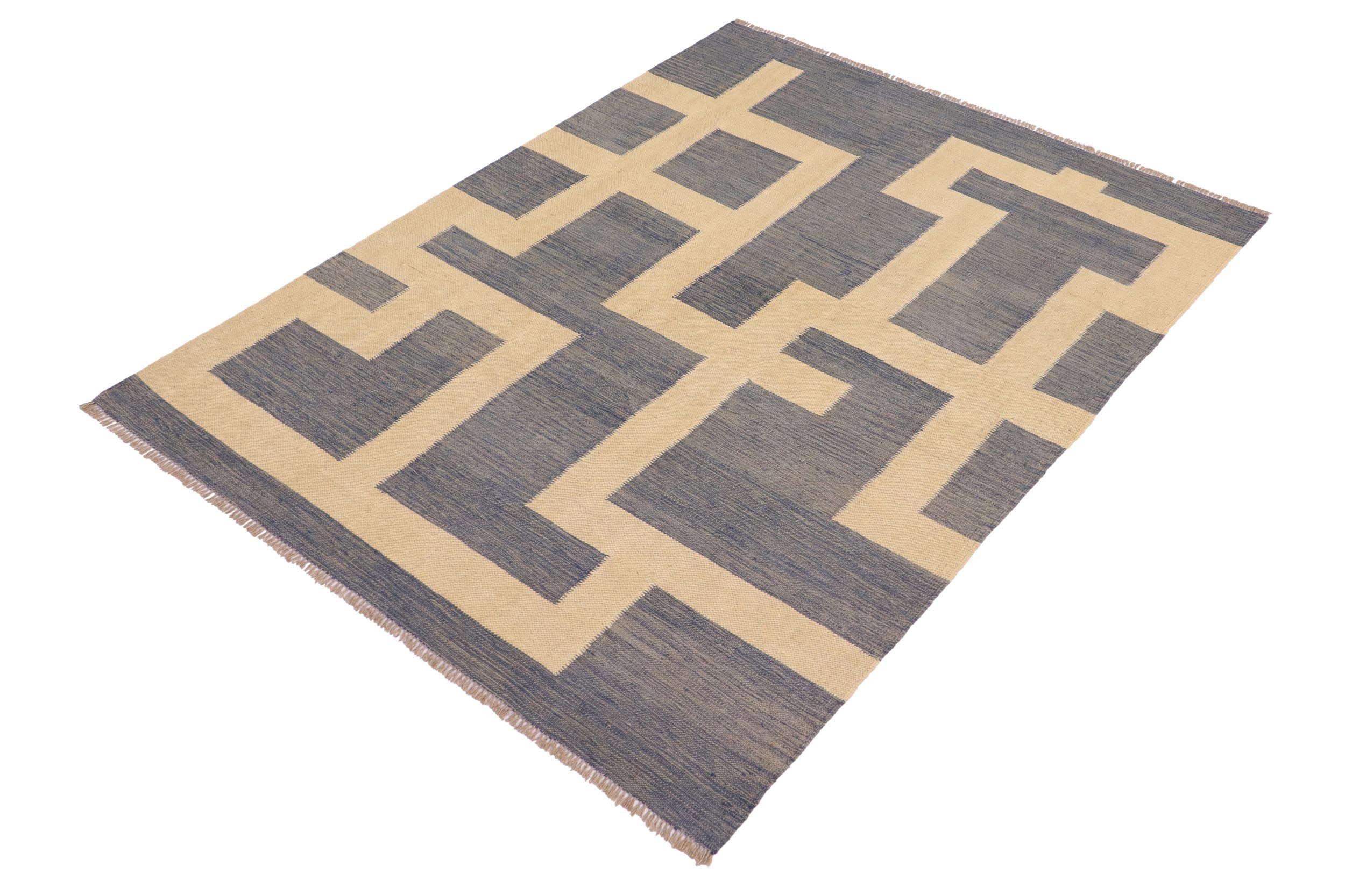 handmade Modern Kilim Blue Beige Hand-Woven RECTANGLE 100% WOOL area rug 5' x 7'