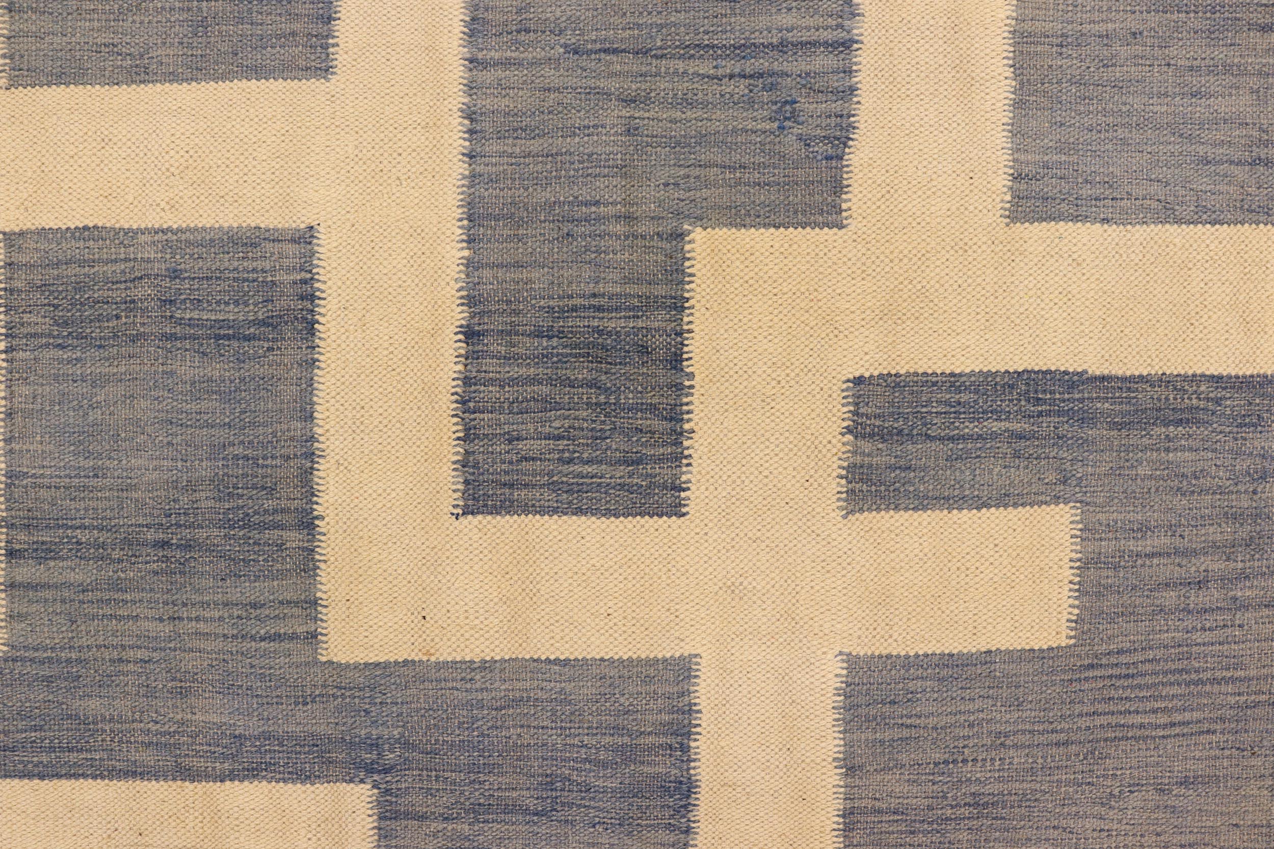 handmade Modern Kilim Blue Beige Hand-Woven RECTANGLE 100% WOOL area rug 5' x 7'