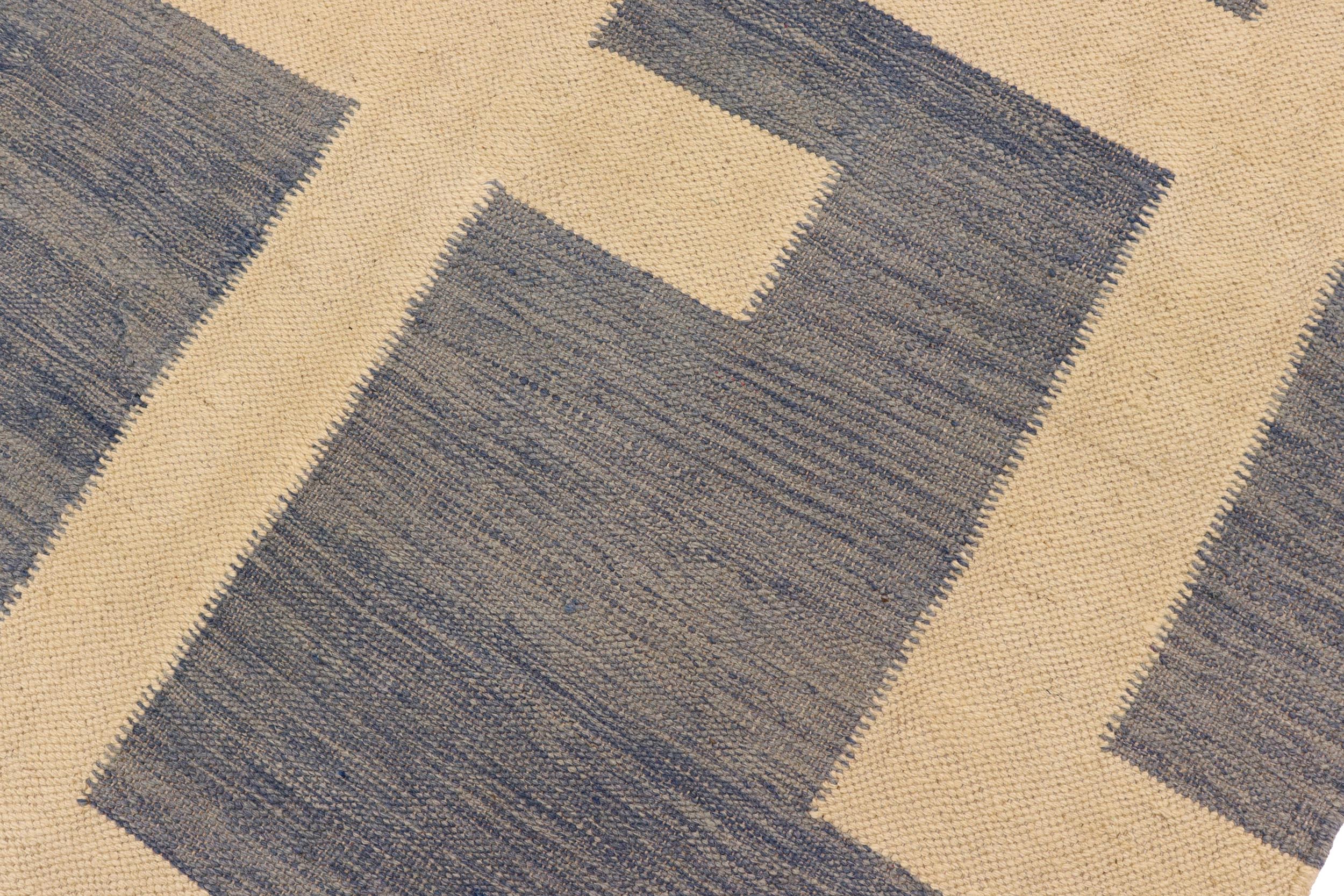 handmade Modern Kilim Blue Beige Hand-Woven RECTANGLE 100% WOOL area rug 5' x 7'