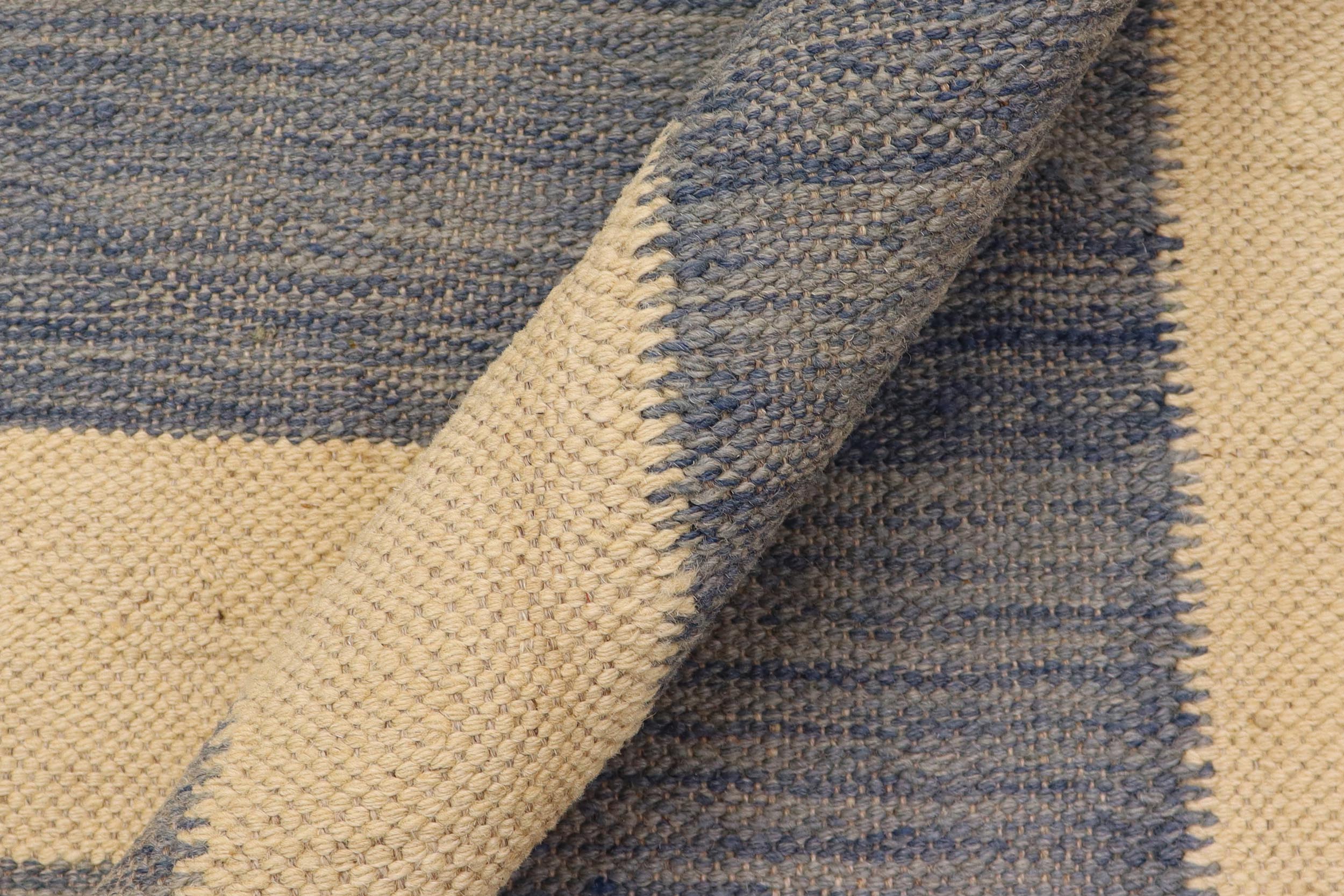 handmade Modern Kilim Blue Beige Hand-Woven RECTANGLE 100% WOOL area rug 5' x 7'