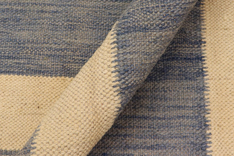 handmade Modern Kilim Blue Beige Hand-Woven RECTANGLE 100% WOOL area rug 5' x 7'