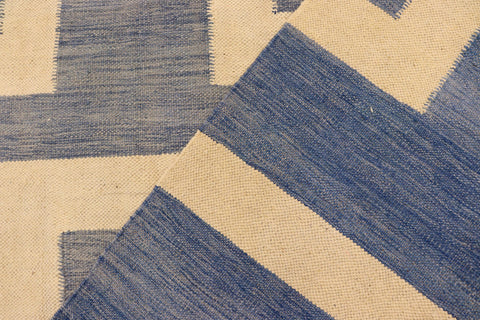 handmade Modern Kilim Blue Beige Hand-Woven RECTANGLE 100% WOOL area rug 5' x 7'