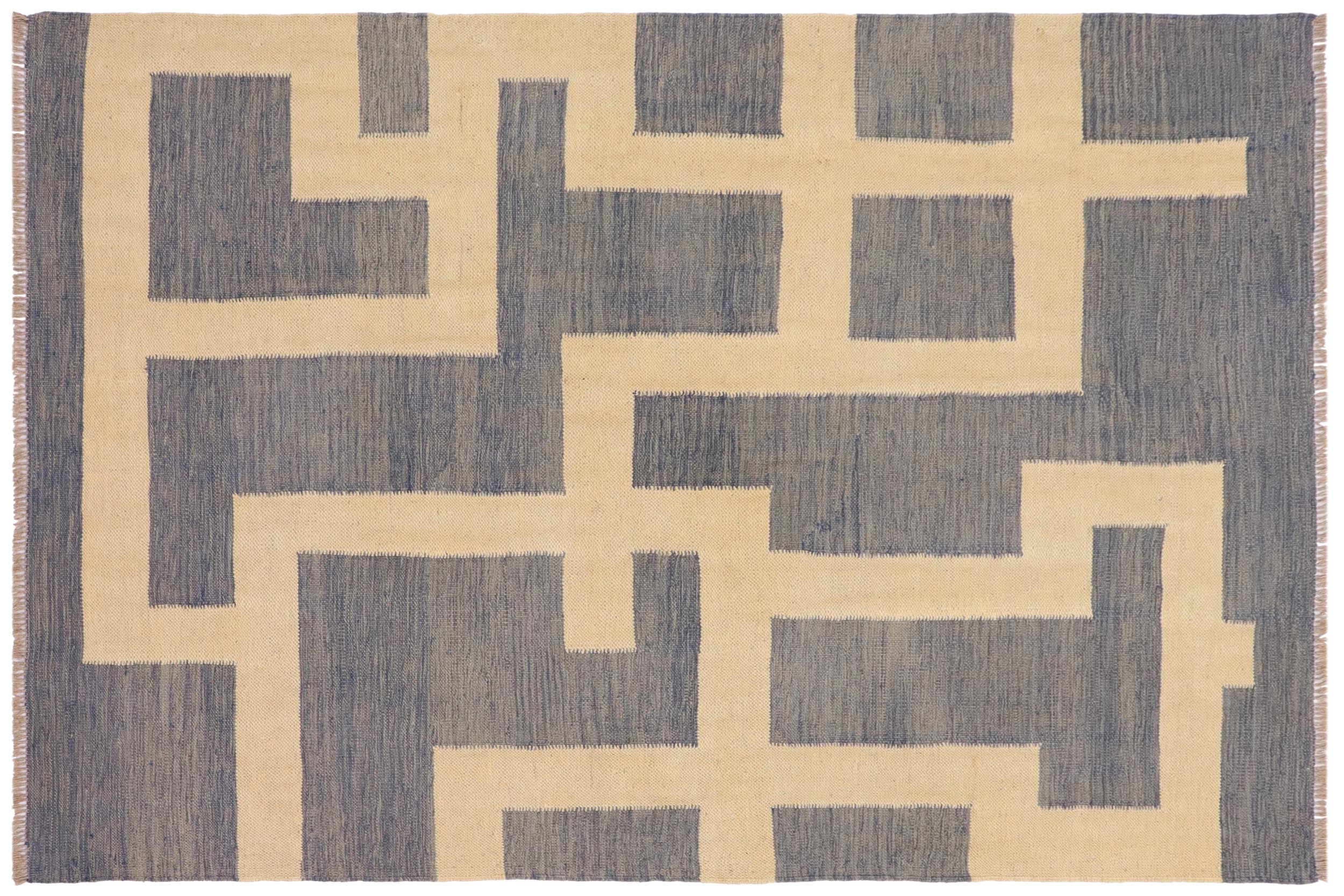 handmade Modern Kilim Blue Beige Hand-Woven RECTANGLE 100% WOOL area rug 5' x 7'