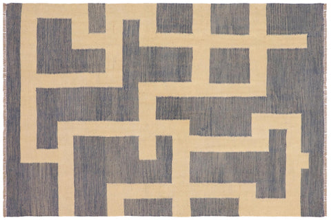 handmade Modern Kilim Blue Beige Hand-Woven RECTANGLE 100% WOOL area rug 5' x 7'
