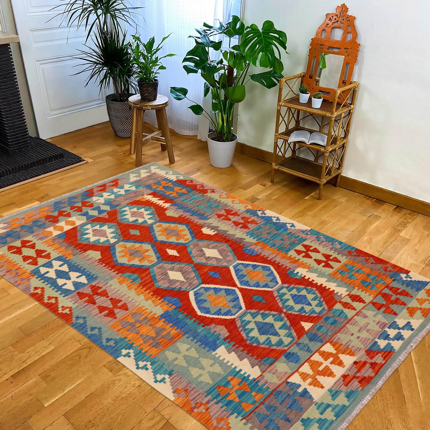 handmade Geometric Kilim Rust Blue Hand-Woven RECTANGLE 100% WOOL area rug 5x6