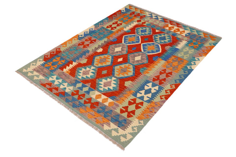 handmade Geometric Kilim Rust Blue Hand-Woven RECTANGLE 100% WOOL area rug 5x6
