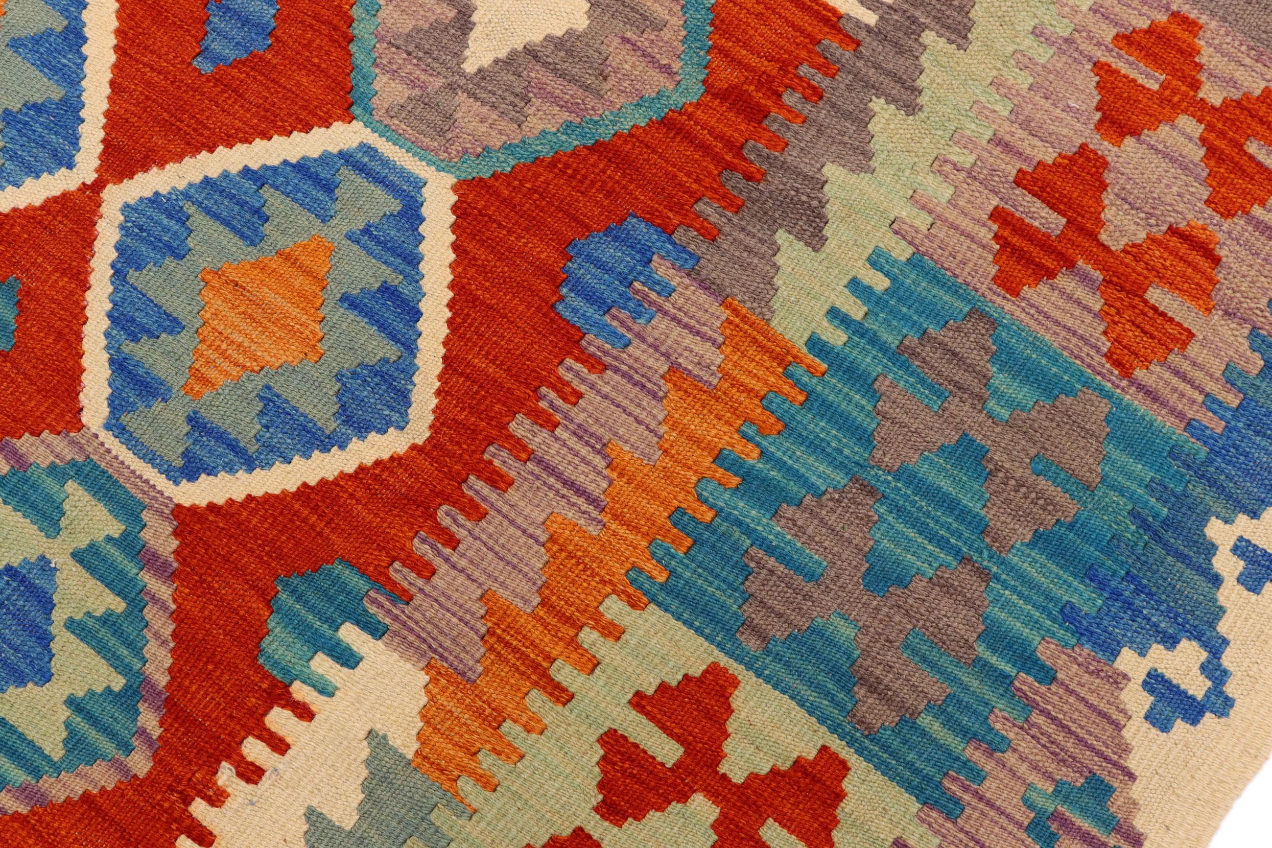 handmade Geometric Kilim Rust Blue Hand-Woven RECTANGLE 100% WOOL area rug 5x6