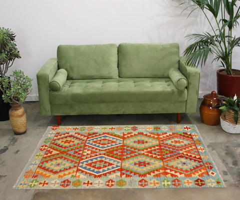 handmade Geometric Kilim Rust Blue Hand-Woven RECTANGLE 100% WOOL area rug 5 x 7