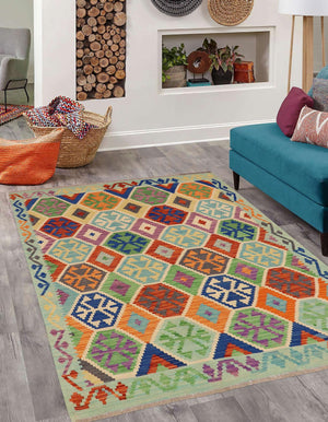 handmade Geometric Kilim Rust Blue Hand-Woven RECTANGLE 100% WOOL area rug 5 x 7
