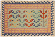 handmade Modern Kilim Blue Beige Hand-Woven RECTANGLE 100% WOOL area rug 4x6